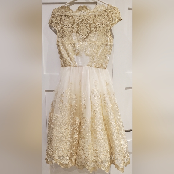 Chi Chi London Metallic Lace Midi Dress with Bardot Neck - Picture 5 of 8